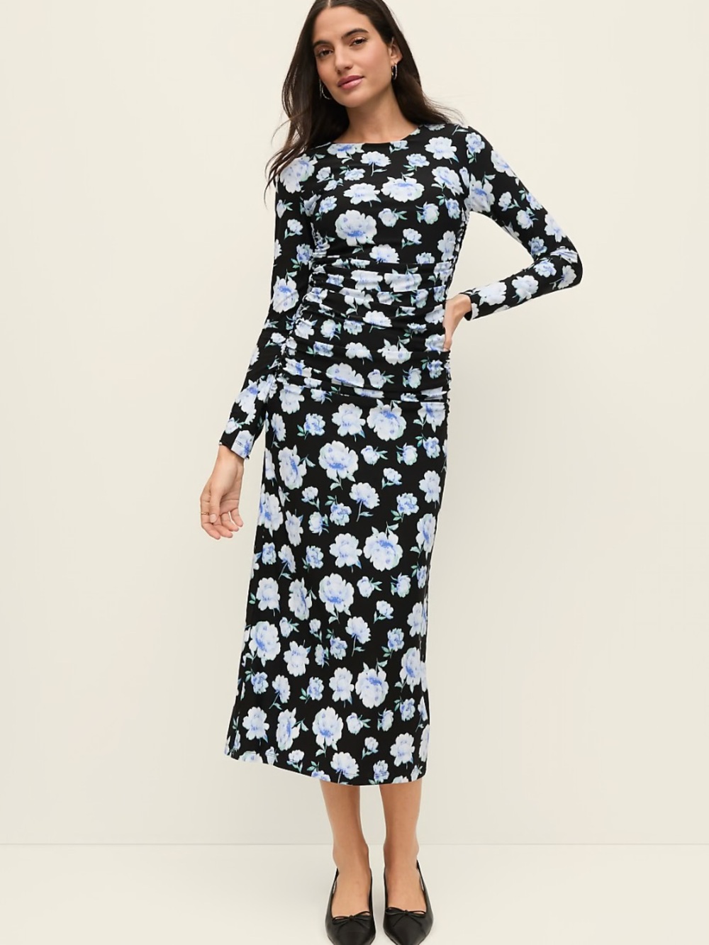 NWT ANN TAYLOR Black Floral Long-Sleeve Ruched Midi Dress